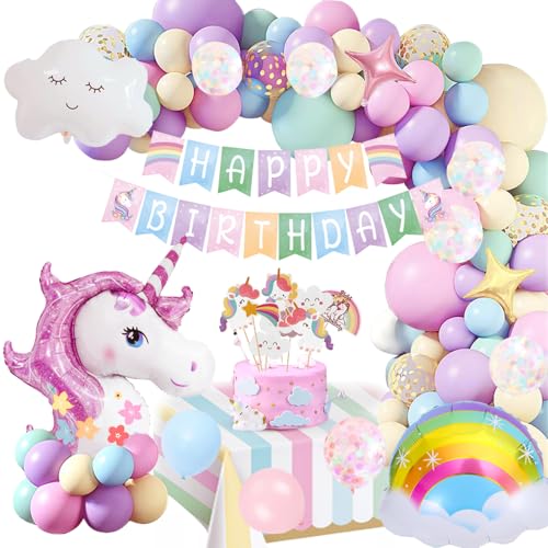Geburtstagsdeko Mädchen Einhorn Deko Kinder, Kindergeburtstag Deko Rosa Luftballons Geburtstag mit 3D Einhorn Ballon, Happy Birthday...